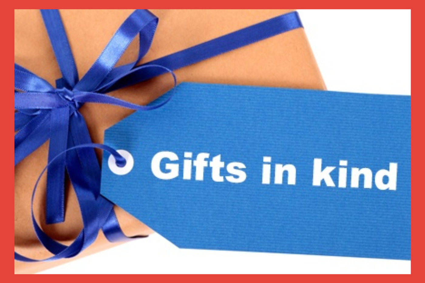 Gifts In Kind. Present with a blue tag. 