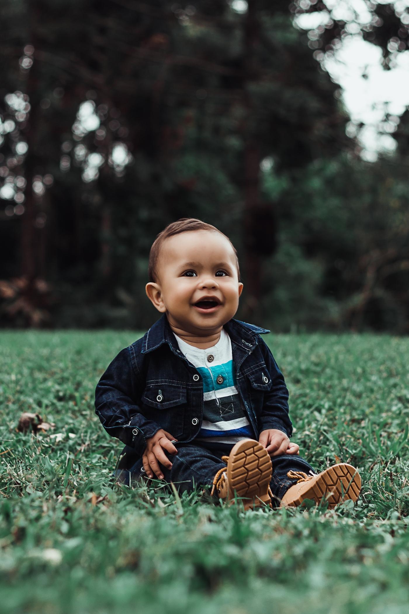 Baby boy. Outside. Lawn. 